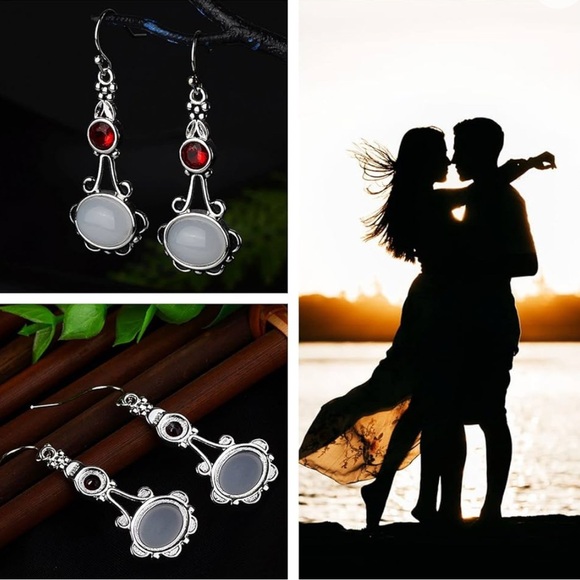 Moonstone And Ruby Silver Romantic Drop Earrings - Picture 8 of 13